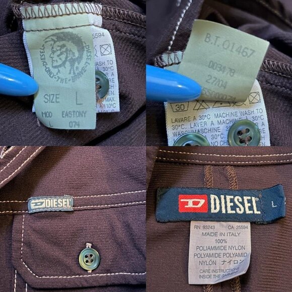 Y2K Vintage Diesel Nylon Western Top Long Sleeve Button Up Brown Pointed Collar. - Picture 5 of 7